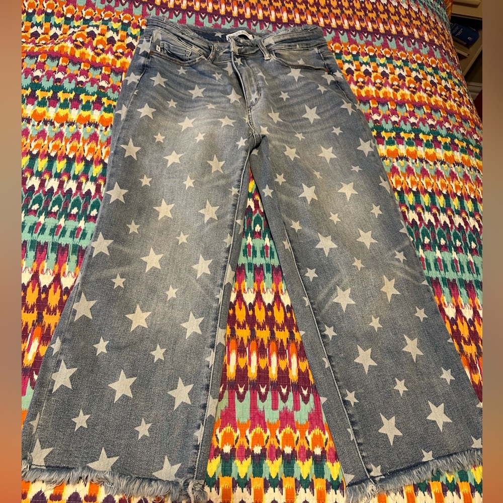 Star Print Wide Leg Women's Jeans - Blue